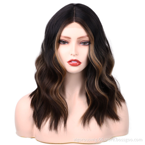 Short cheap price wavy ombre heat resistant vendor wholesale high quality premium curly synthetic lace front wig for black women